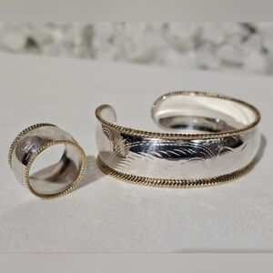 Vintage 925 Sterling Silver Two Tone Cuff Bracelet & Ring Set Gold Rope MWS Thai